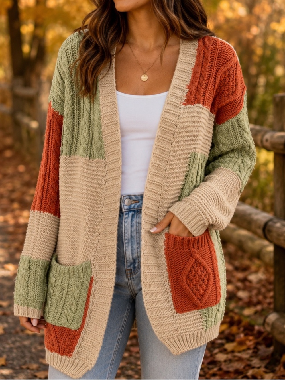 Entro Handknit Colorblock Patchwork Open-Front Cardigan - Cream, Olive & Rust